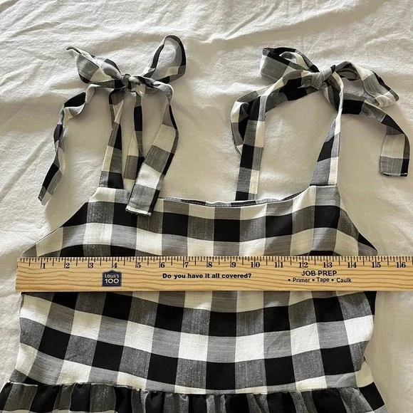 Gingham Tiered Maxi Dress Black White Tie Shoulder Smocked Back M Cottagecore - Picture 4 of 7